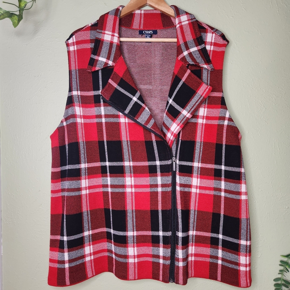 Chaps Women's 1X Red Plaid Heavyweight 100% Cotton Vest Thick Knit Zip Up Preppy